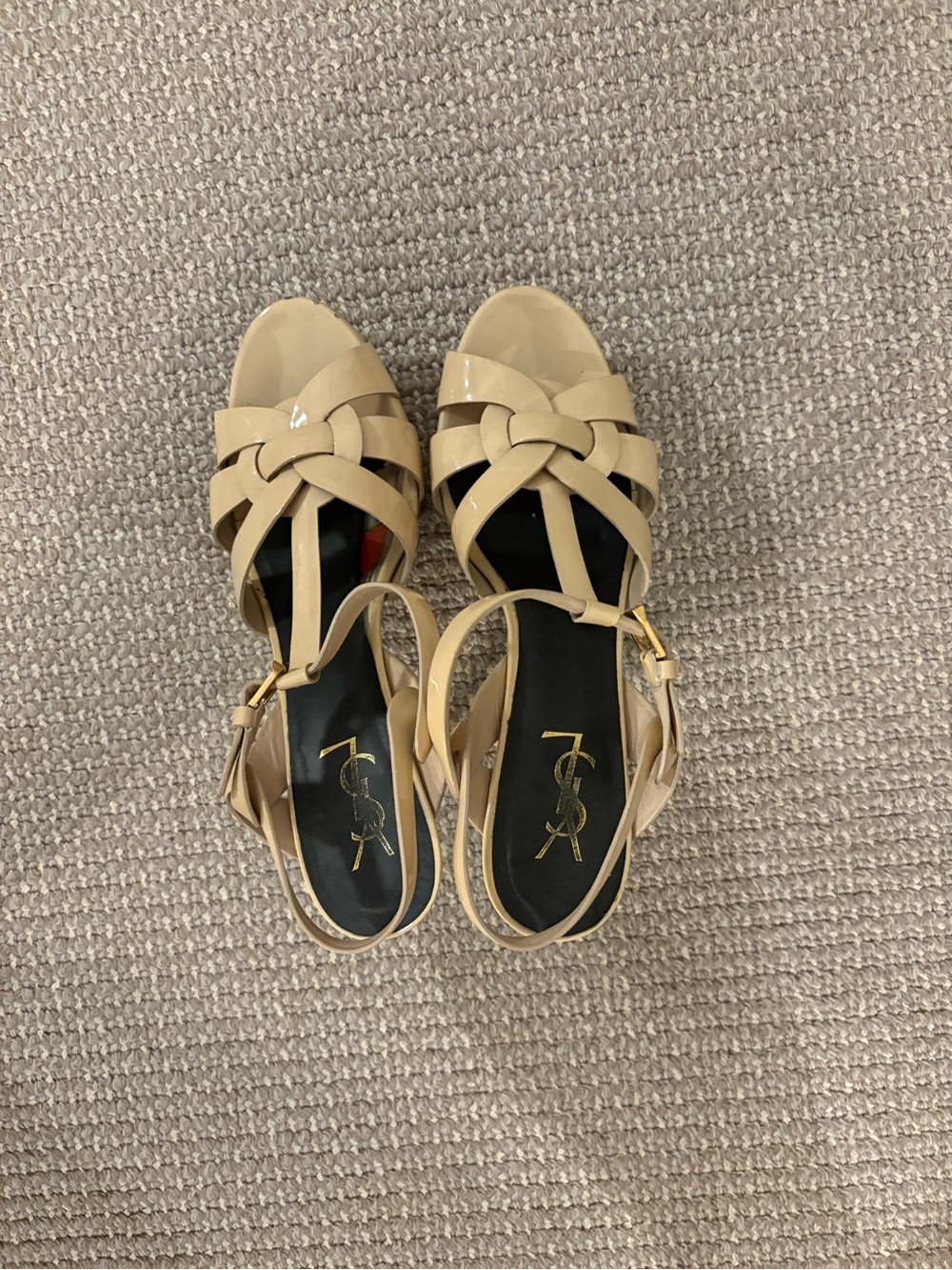 Saint Laurent Beige Patent Leather Woven Slingback Sandals